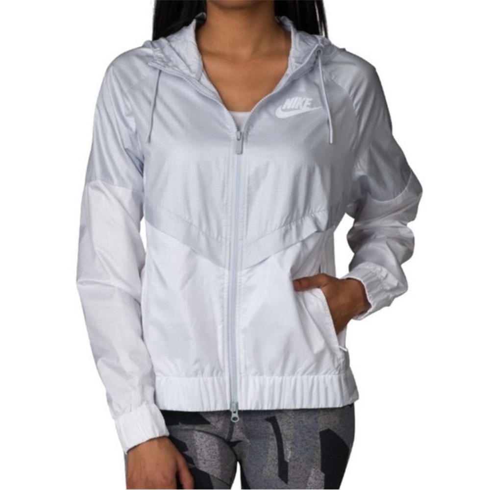 NIKE Gray White Ripstop Running Hooded Zip Front Windbreaker S Small $75 EUC